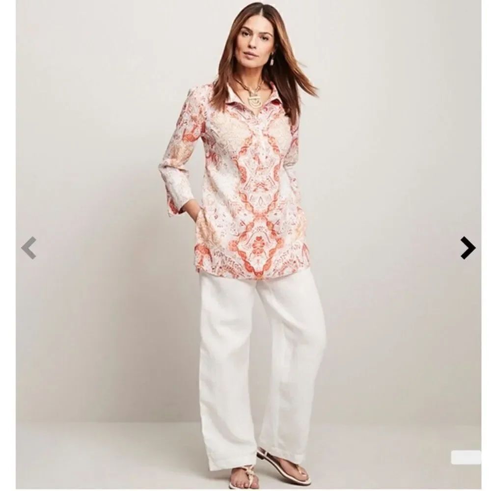 Chico’s Medallion Print Linen Popover Tunic Top Size 1 US Size 8-10 Coastal